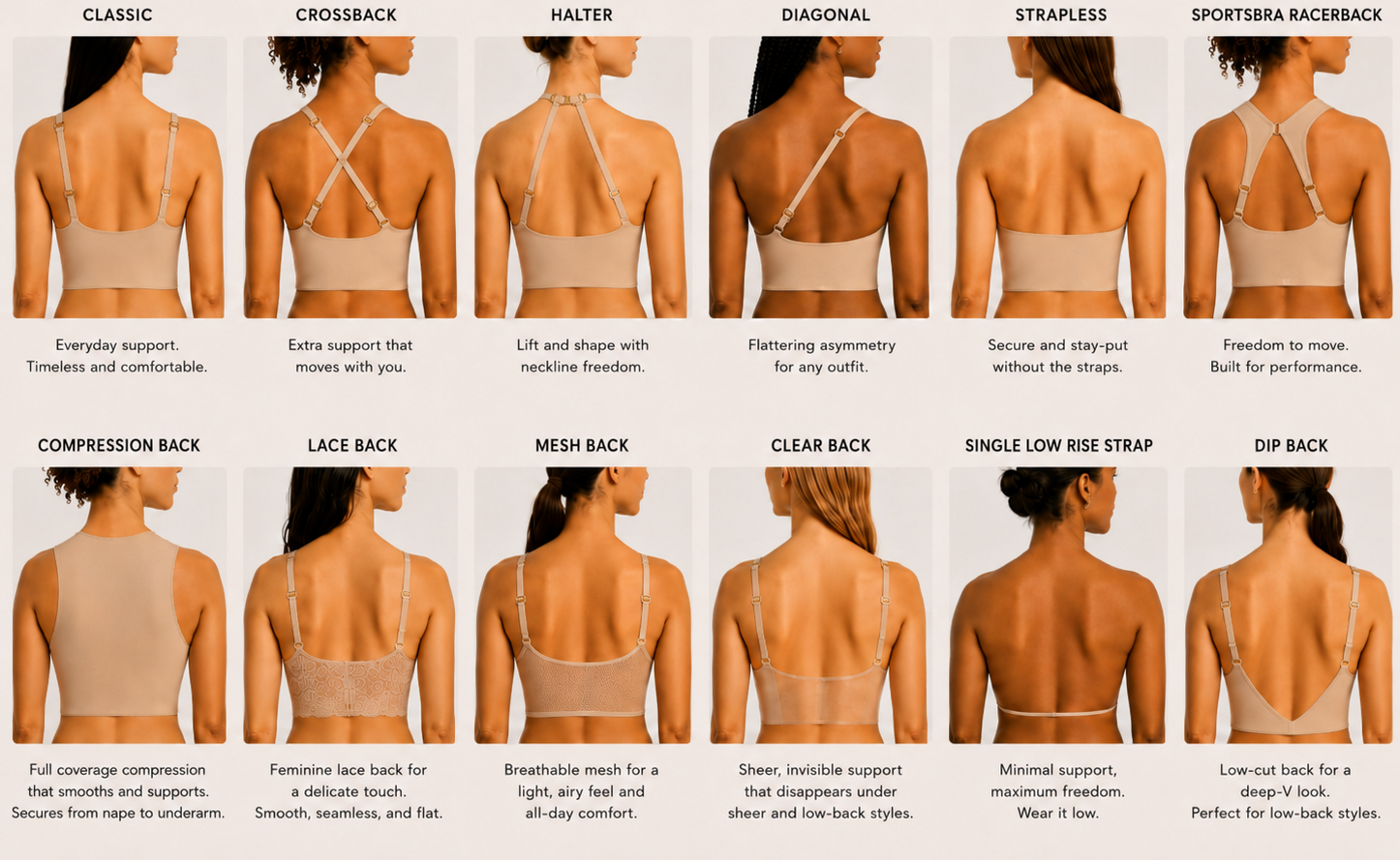 Twelve back styles: classic, crossback, halter, diagonal, strapless, sportsbra racerback, compression, lace, mesh, clear, single low rise strap, dip back